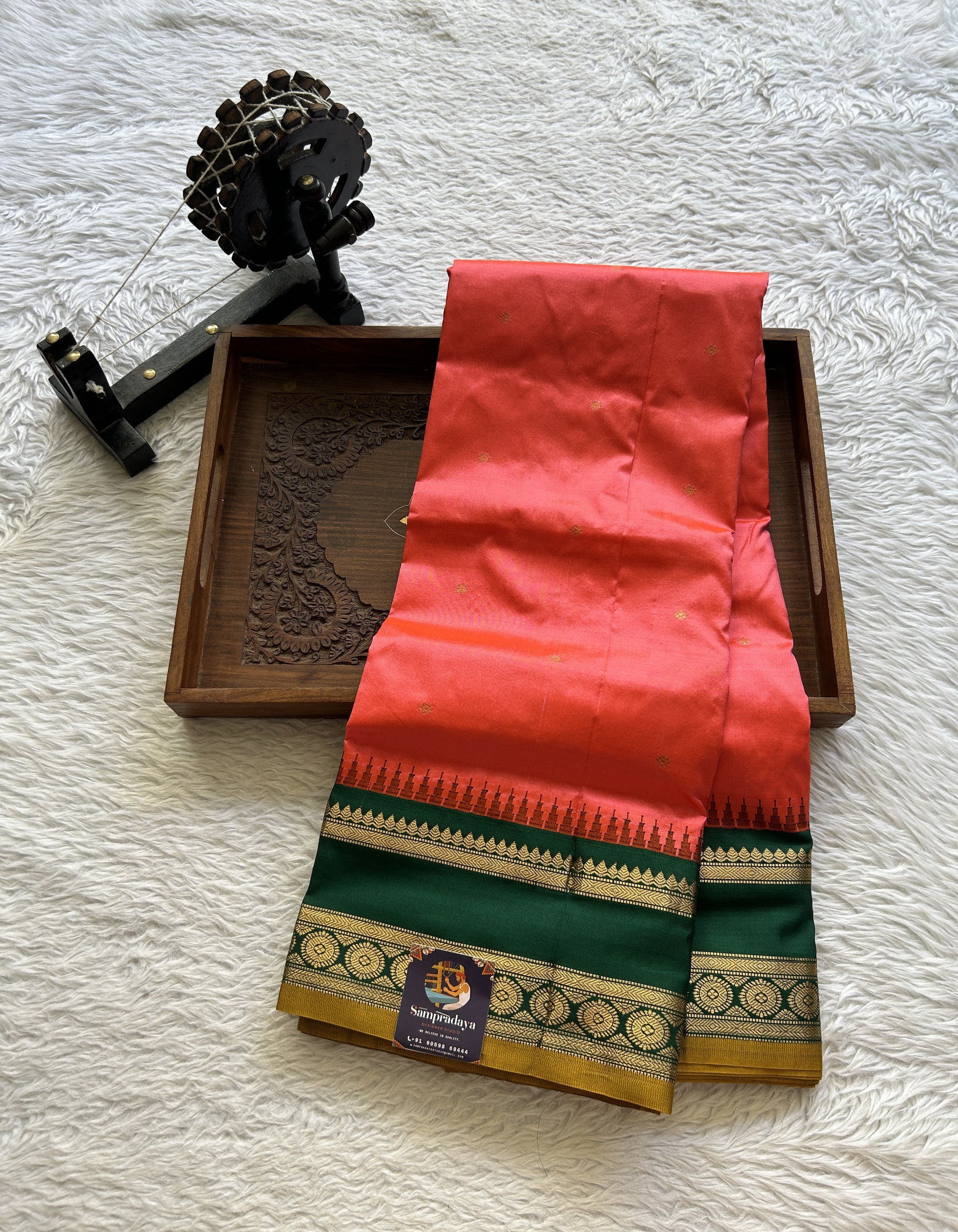Narayanpet Silk Saree Dark Peach Colored Complemented with a Dark Green Zari Border. - Sampradaya Designer Studio
