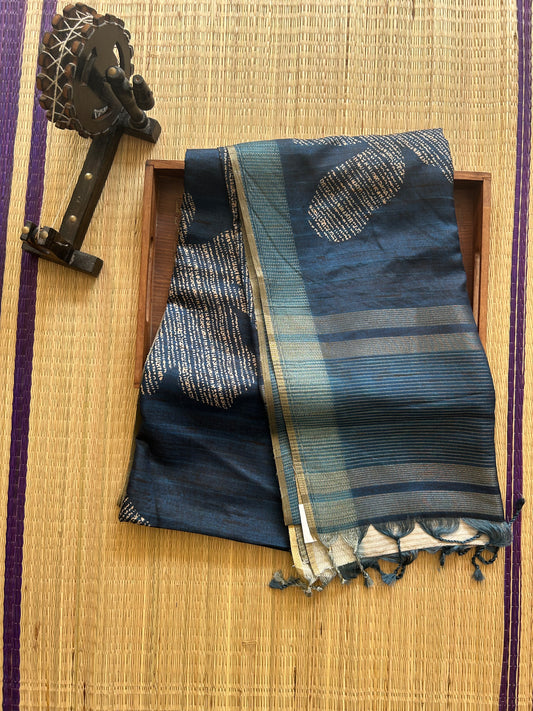 Semi Tussar Silk Saree -navy blue color with Gold Zari Border - Elegant Fancy Saree for Party & Office Wear.