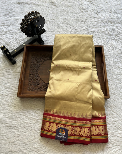 Narayanpet Silk Saree Cream Colored Complemented with a Maroon Zari Border. - Sampradaya Designer Studio