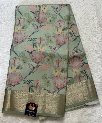 Banarasi Soft Silk Saree Pastel Green Colored Complemented with a Zari Border. - Sampradaya Designer Studio