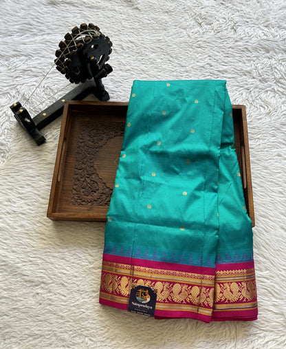 Narayanpet Silk Saree Rama Green Colored Complemented with a Pink Zari Border. - Sampradaya Designer Studio