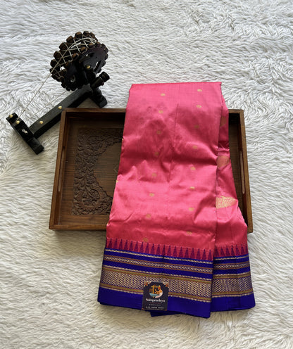Narayanpet Silk Saree Pink Colored Complemented with a Blue Zari Border. - Sampradaya Designer Studio