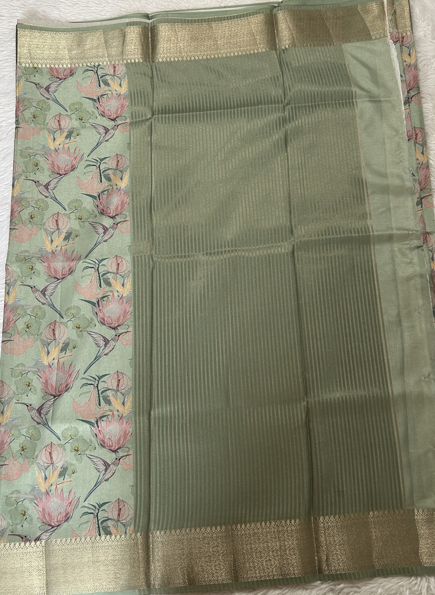 Banarasi Soft Silk Saree Pastel Green Colored Complemented with a Zari Border. - Sampradaya Designer Studio