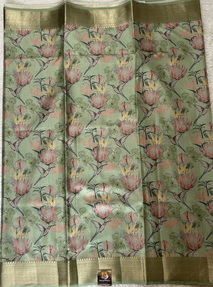 Banarasi Soft Silk Saree Pastel Green Colored Complemented with a Zari Border. - Sampradaya Designer Studio