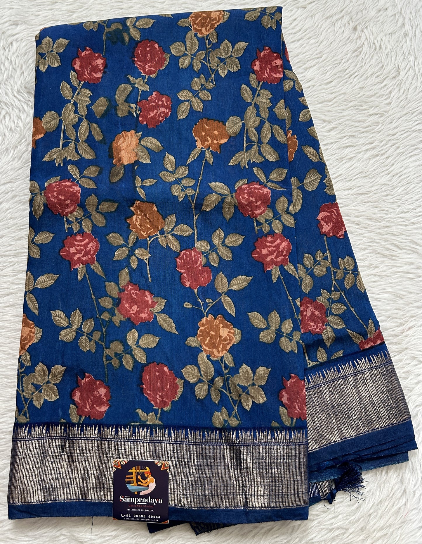 Banarasi Soft Silk Saree Blue Colored Complemented with a Zari Border. - Sampradaya Designer Studio