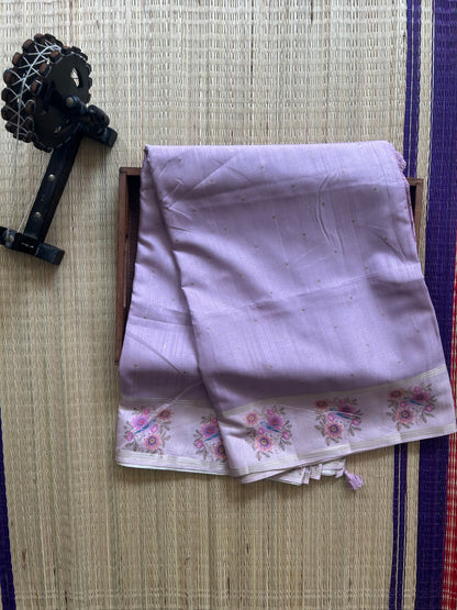 Semi Tussar Silk Saree - Light Pink with Gold Zari Border - Elegant Fancy Saree for Party & Office Wear.