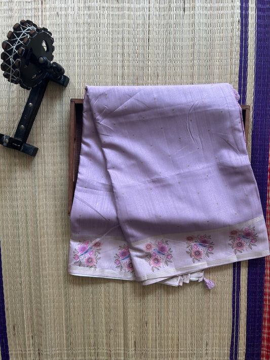 Semi Tussar Silk Saree - Light Pink with Gold Zari Border - Elegant Fancy Saree for Party & Office Wear.
