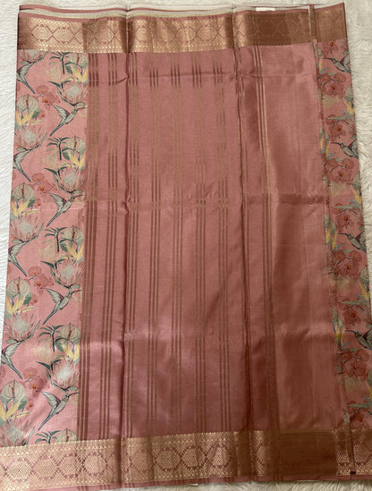 Banarasi Soft Silk Saree Peach Colored Complemented with a Zari Border. - Sampradaya Designer Studio