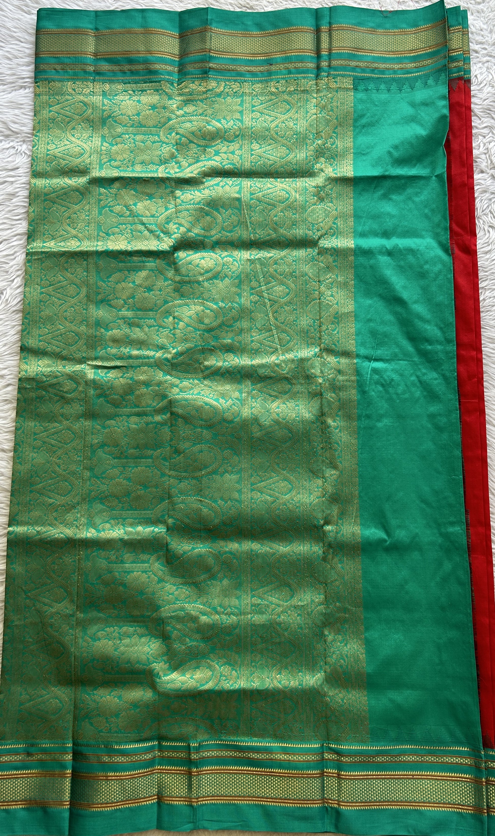 Narayanpet Silk Saree Red Colored Complemented with a Rama Green Zari Border. - Sampradaya Designer Studio