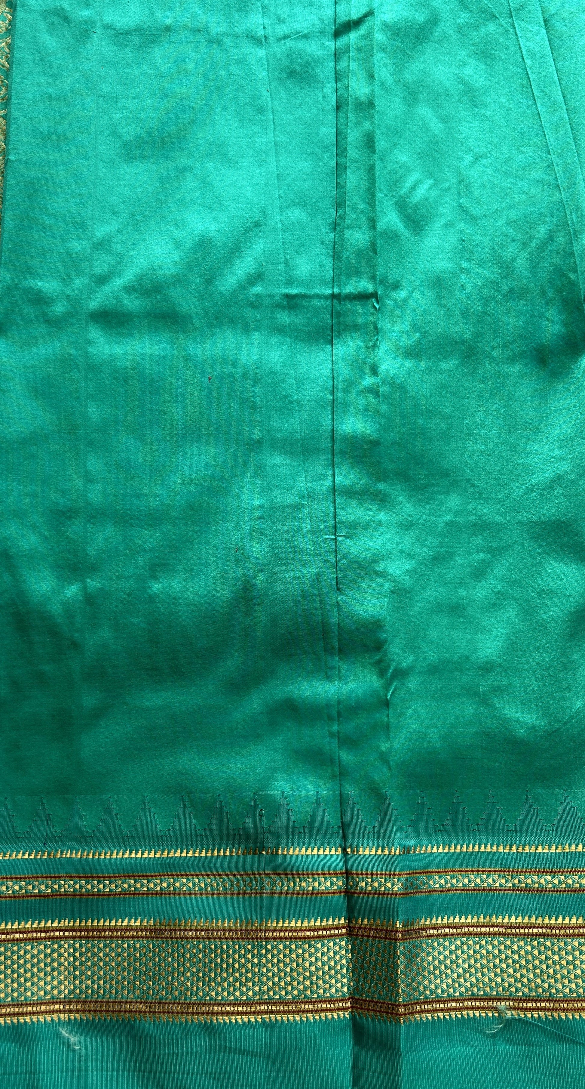 Narayanpet Silk Saree Red Colored Complemented with a Rama Green Zari Border. - Sampradaya Designer Studio