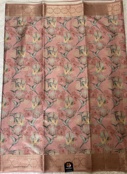 Banarasi Soft Silk Saree Peach Colored Complemented with a Zari Border. - Sampradaya Designer Studio