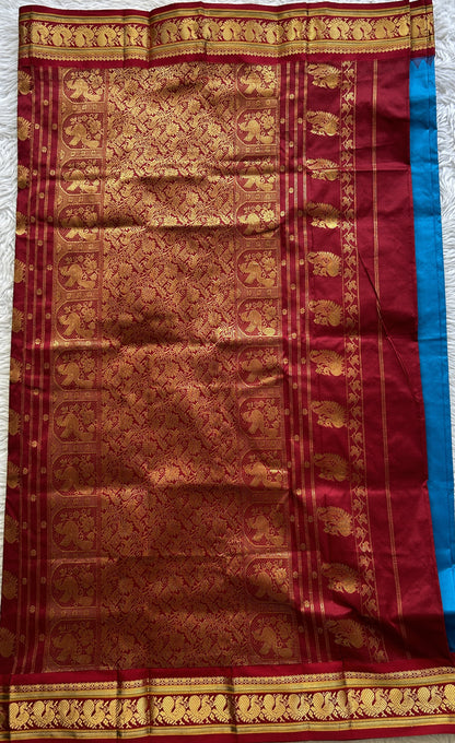 Narayanpet Silk Saree Royal Blue Colored Complemented with a Maroon Zari Border. - Sampradaya Designer Studio