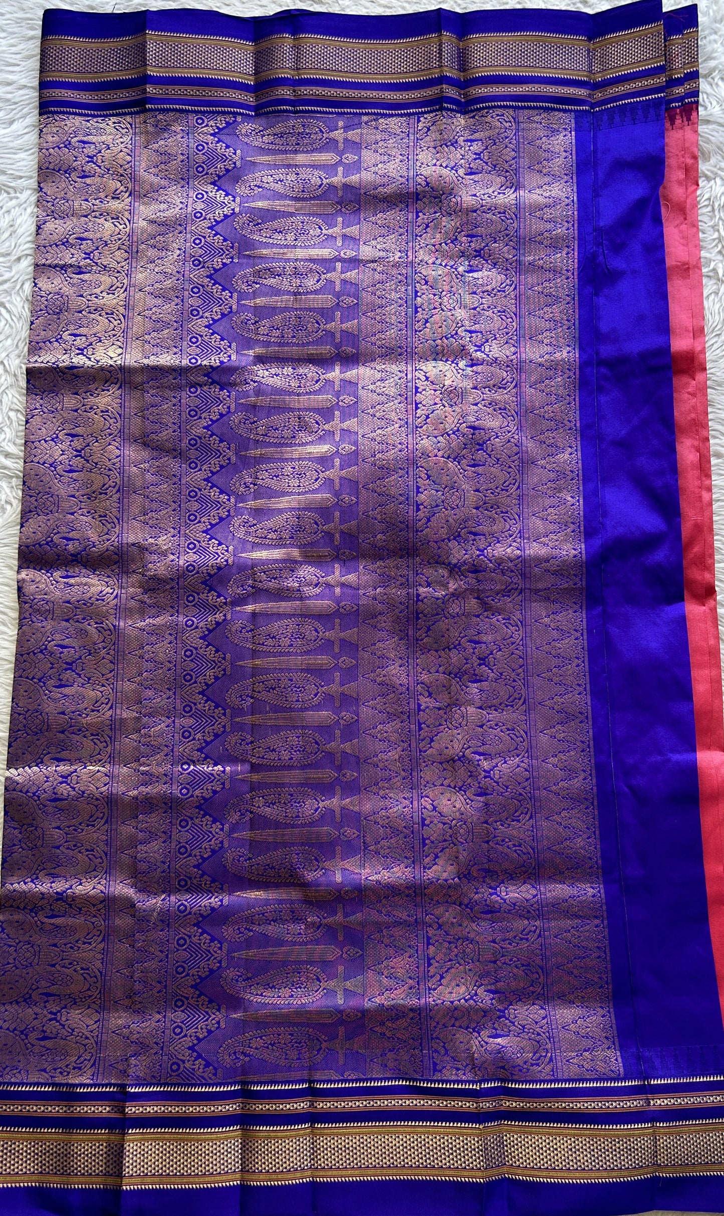 Narayanpet Silk Saree Pink Colored Complemented with a Blue Zari Border. - Sampradaya Designer Studio