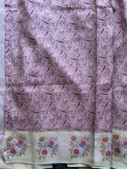 Semi Tussar Silk Saree - Light Pink with Gold Zari Border - Elegant Fancy Saree for Party & Office Wear.