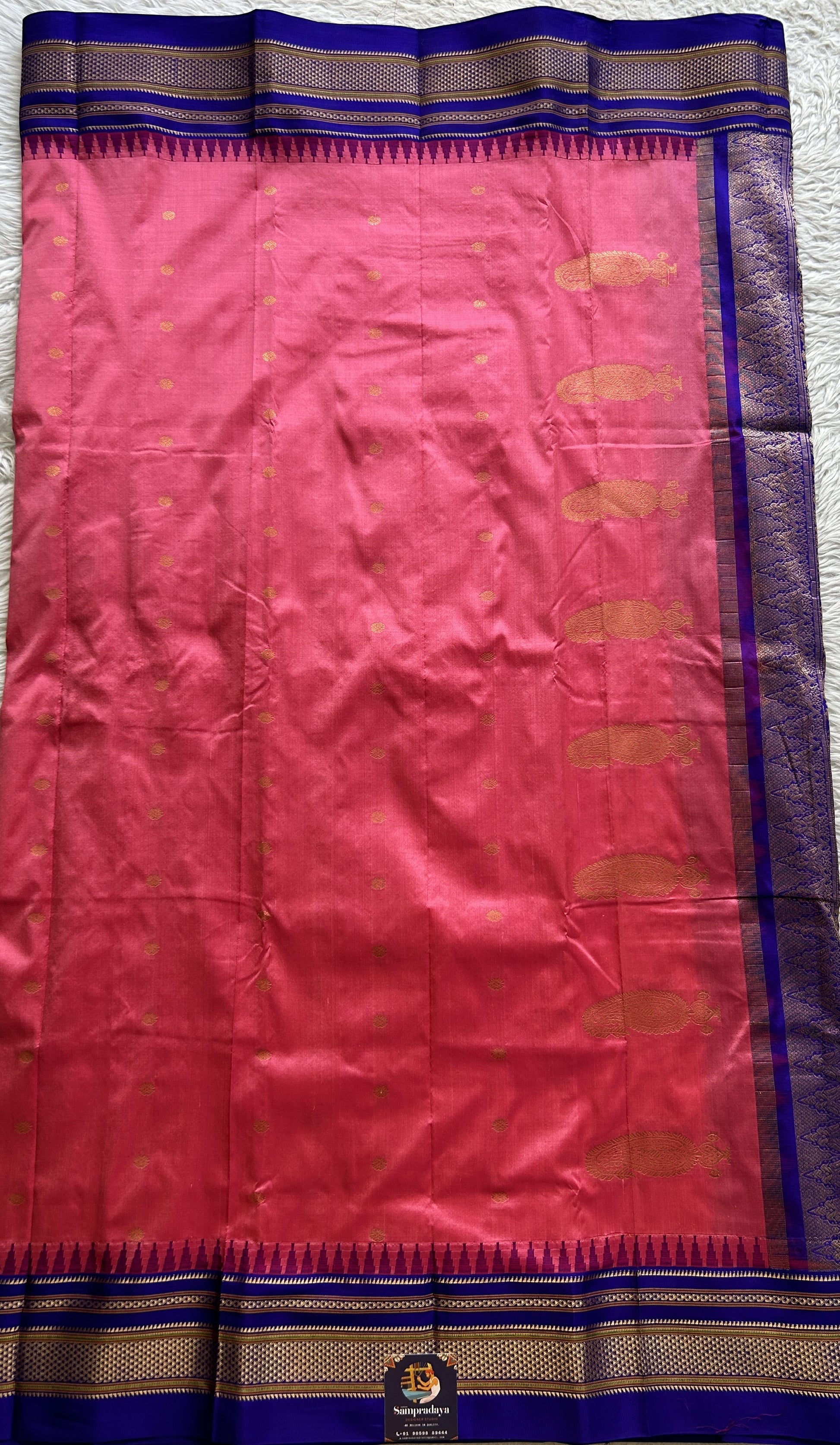 Narayanpet Silk Saree Pink Colored Complemented with a Blue Zari Border. - Sampradaya Designer Studio