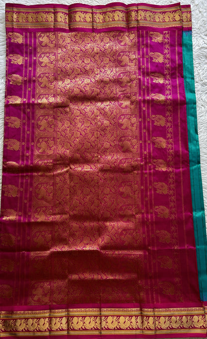 Narayanpet Silk Saree Rama Green Colored Complemented with a Pink Zari Border. - Sampradaya Designer Studio