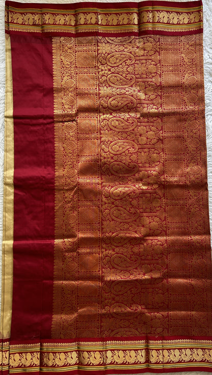 Narayanpet Silk Saree Cream Colored Complemented with a Maroon Zari Border. - Sampradaya Designer Studio