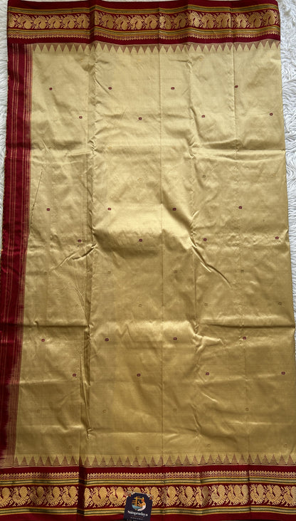 Narayanpet Silk Saree Cream Colored Complemented with a Maroon Zari Border. - Sampradaya Designer Studio
