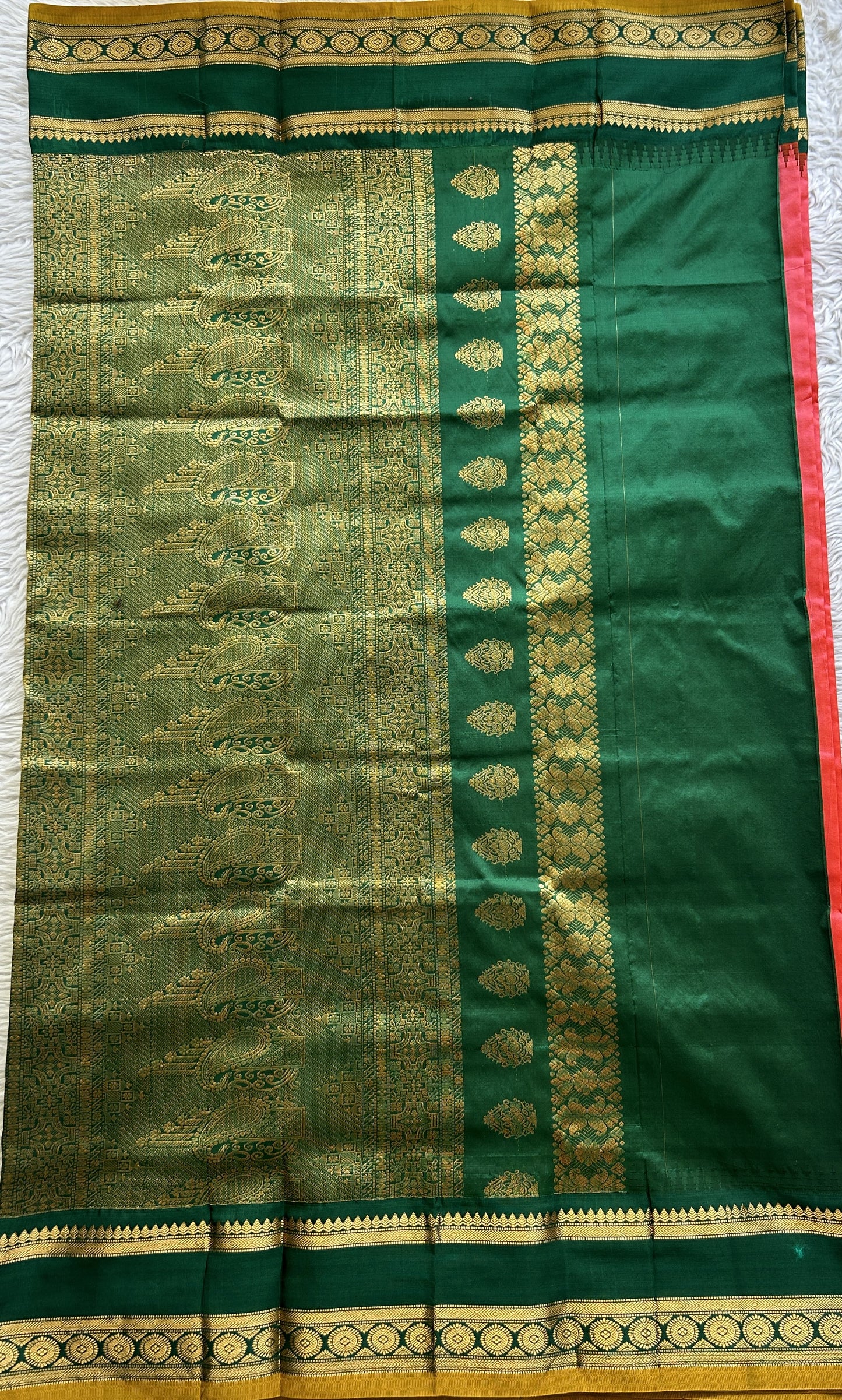 Narayanpet Silk Saree Dark Peach Colored Complemented with a Dark Green Zari Border. - Sampradaya Designer Studio