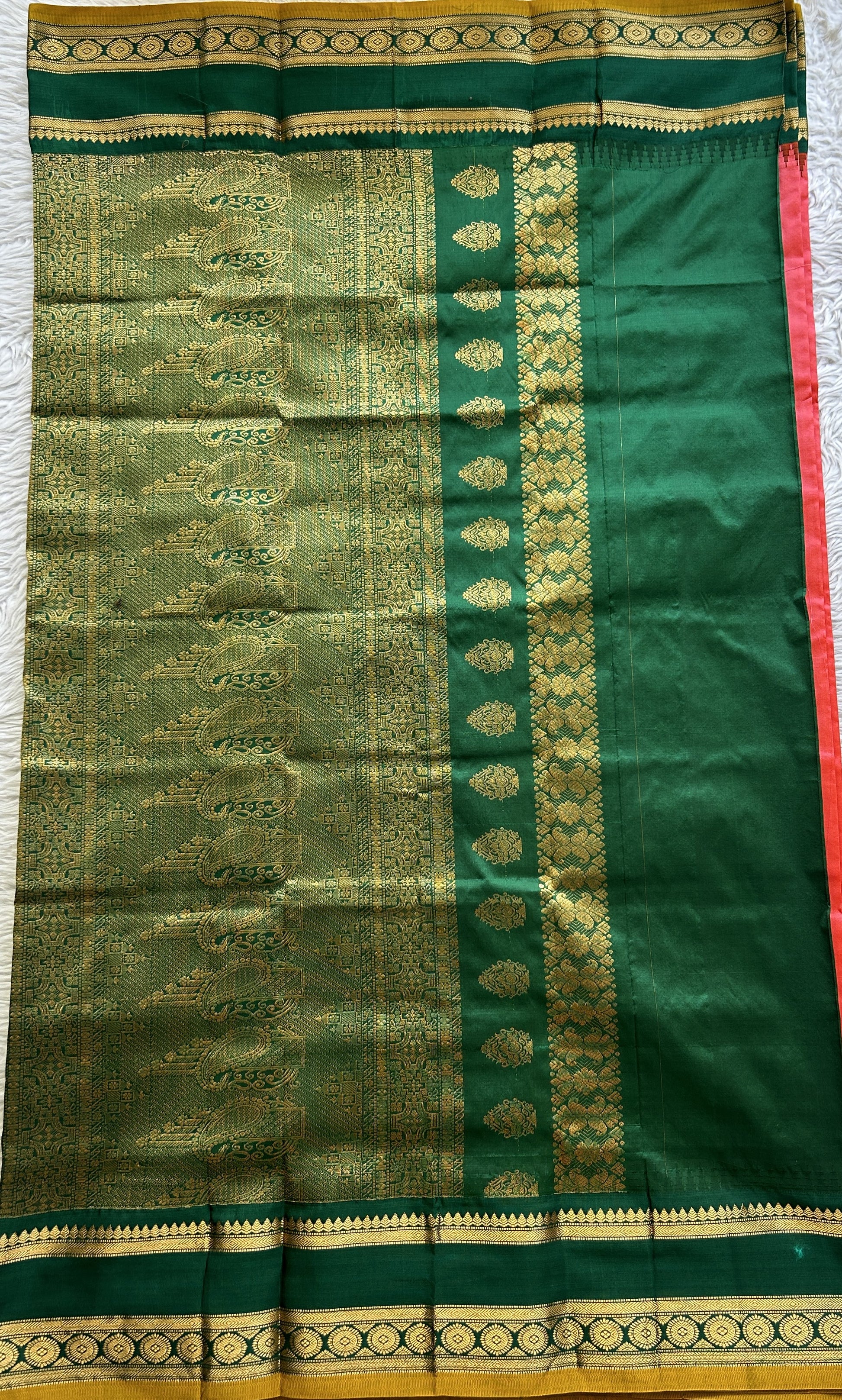Narayanpet Silk Saree Dark Peach Colored Complemented with a Dark Green Zari Border. - Sampradaya Designer Studio