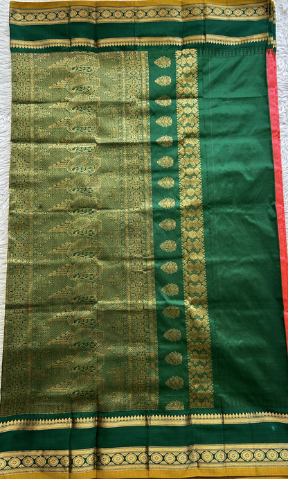 Narayanpet Silk Saree Dark Peach Colored Complemented with a Dark Green Zari Border. - Sampradaya Designer Studio