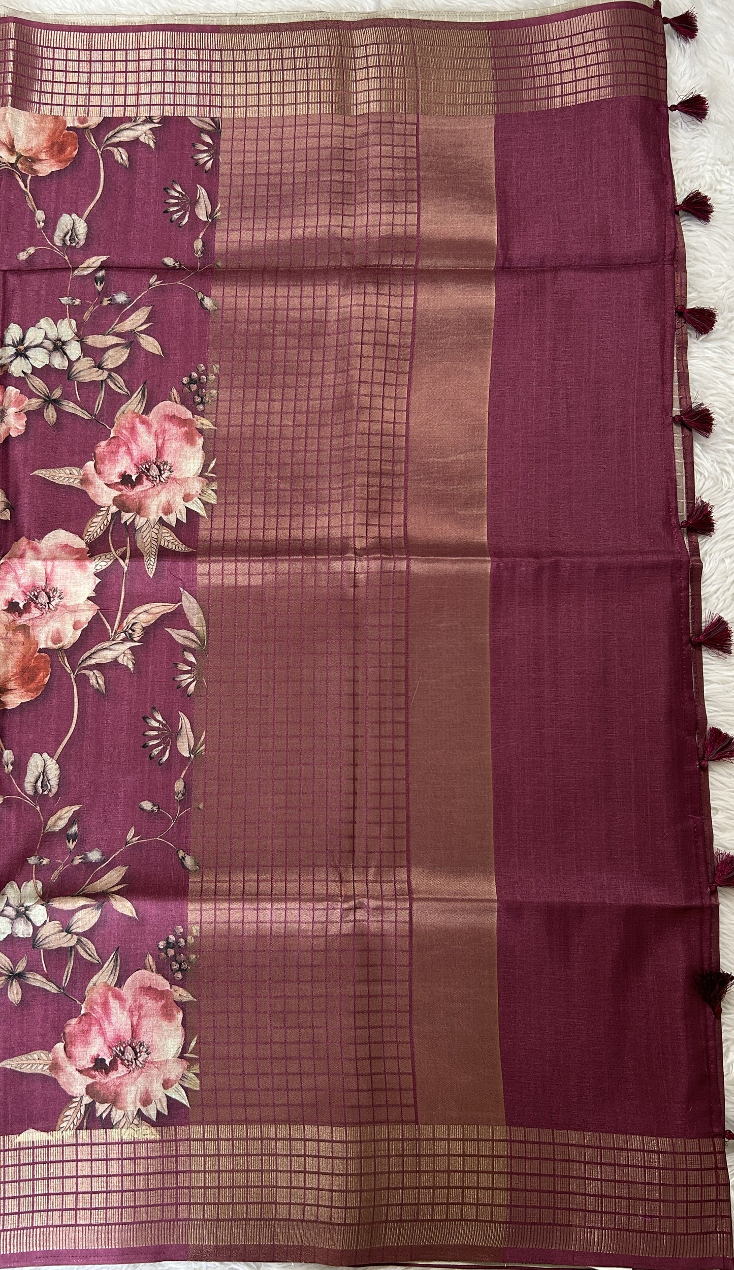 Semi Tussar Tissue Designer Saree Magenta colored complemented with a Zari Border. - Sampradaya Designer Studio