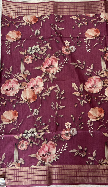 Semi Tussar Tissue Designer Saree Magenta colored complemented with a Zari Border. - Sampradaya Designer Studio