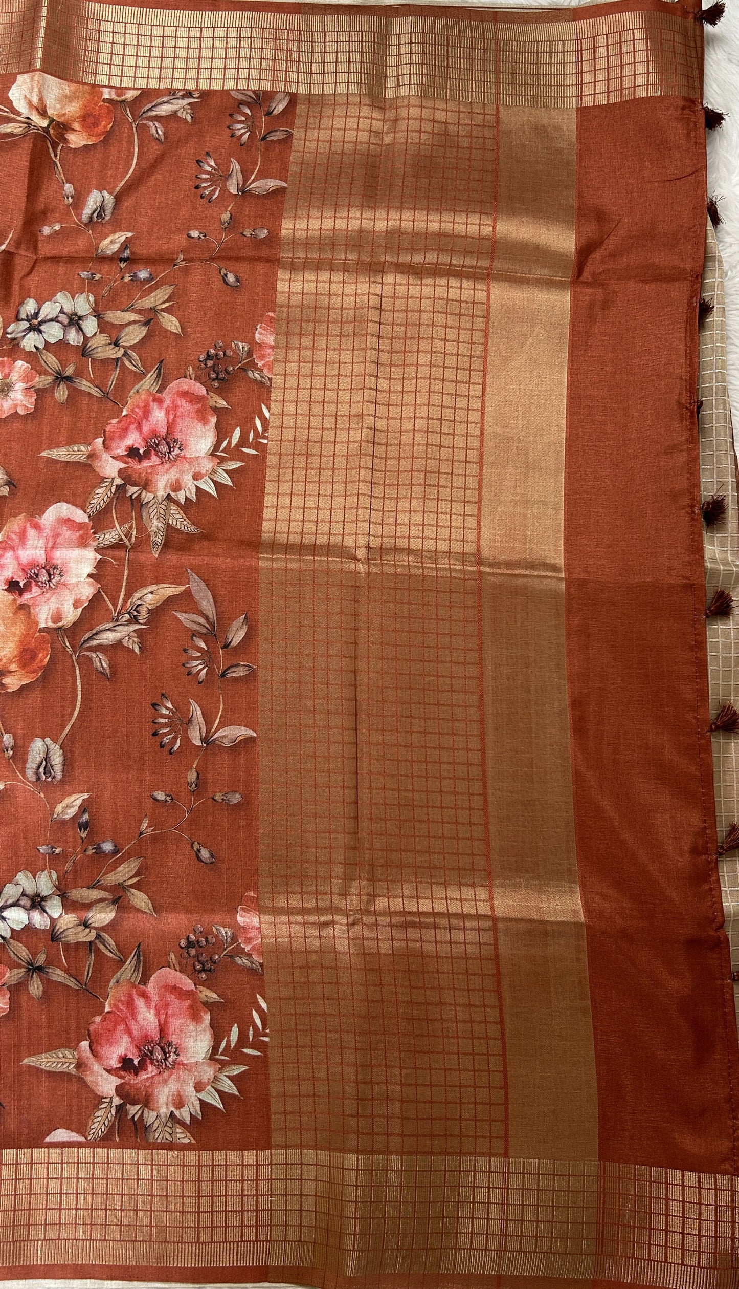 Semi Tussar Tissue Designer Saree Brick colored complemented with a Zari Border. - Sampradaya Designer Studio