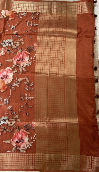 Semi Tussar Tissue Designer Saree Brick colored complemented with a Zari Border. - Sampradaya Designer Studio