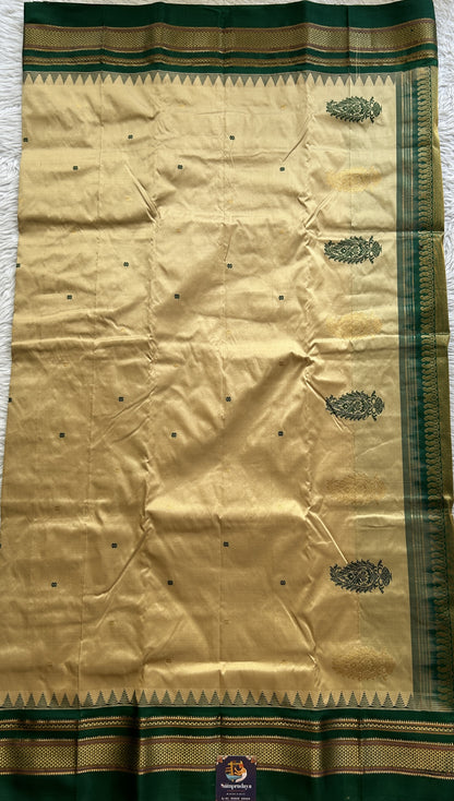 Narayanpet Silk Saree Beige Colored Complemented with a Green Zari Border. - Sampradaya Designer Studio