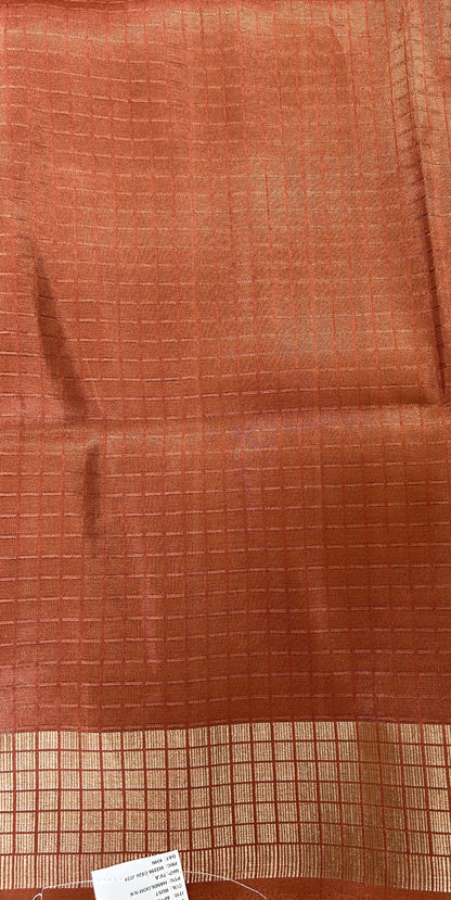 Semi Tussar Tissue Designer Saree Brick colored complemented with a Zari Border. - Sampradaya Designer Studio