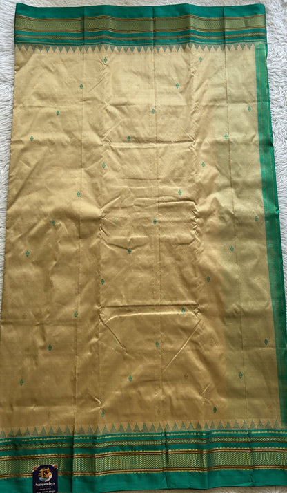 Narayanpet Silk Saree Beige Colored Complemented with a Rama Green Zari Border. - Sampradaya Designer Studio