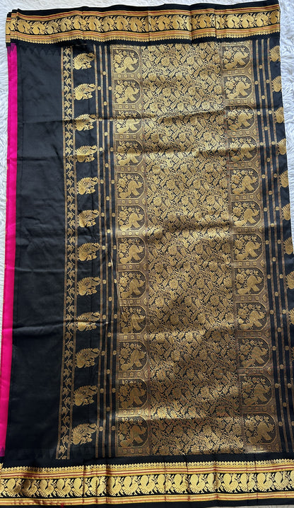 Narayanpet Silk Saree Hot Pink Colored Complemented with a Black Zari Border. - Sampradaya Designer Studio