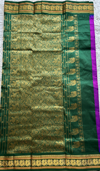 Narayanpet Silk Saree Purple Colored Complemented with a Green Zari Border. - Sampradaya Designer Studio