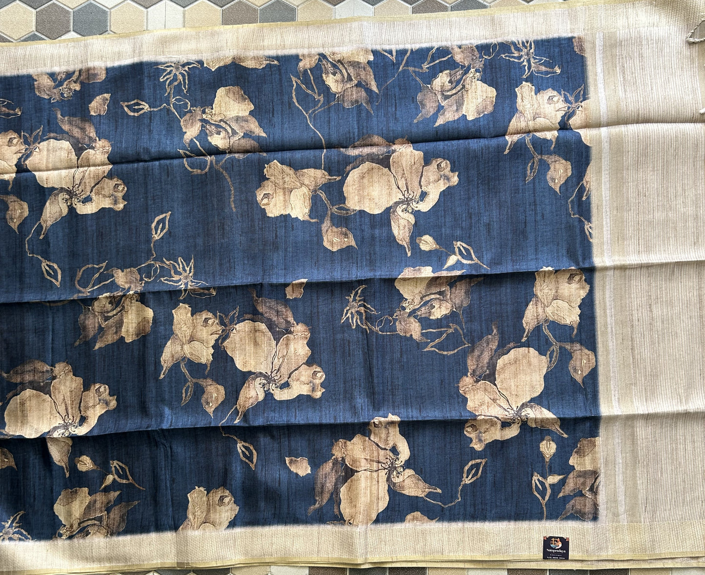 Semi Tussar Silk Saree -navy blue color with Gold Zari Border - Elegant Fancy Saree for Party & Office Wear.