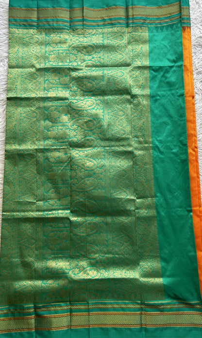 Narayanpet Silk Saree Orange Colored Complemented with a Rama Green Zari Border. - Sampradaya Designer Studio