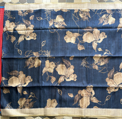Semi Tussar Silk Saree -navy blue color with Gold Zari Border - Elegant Fancy Saree for Party & Office Wear.