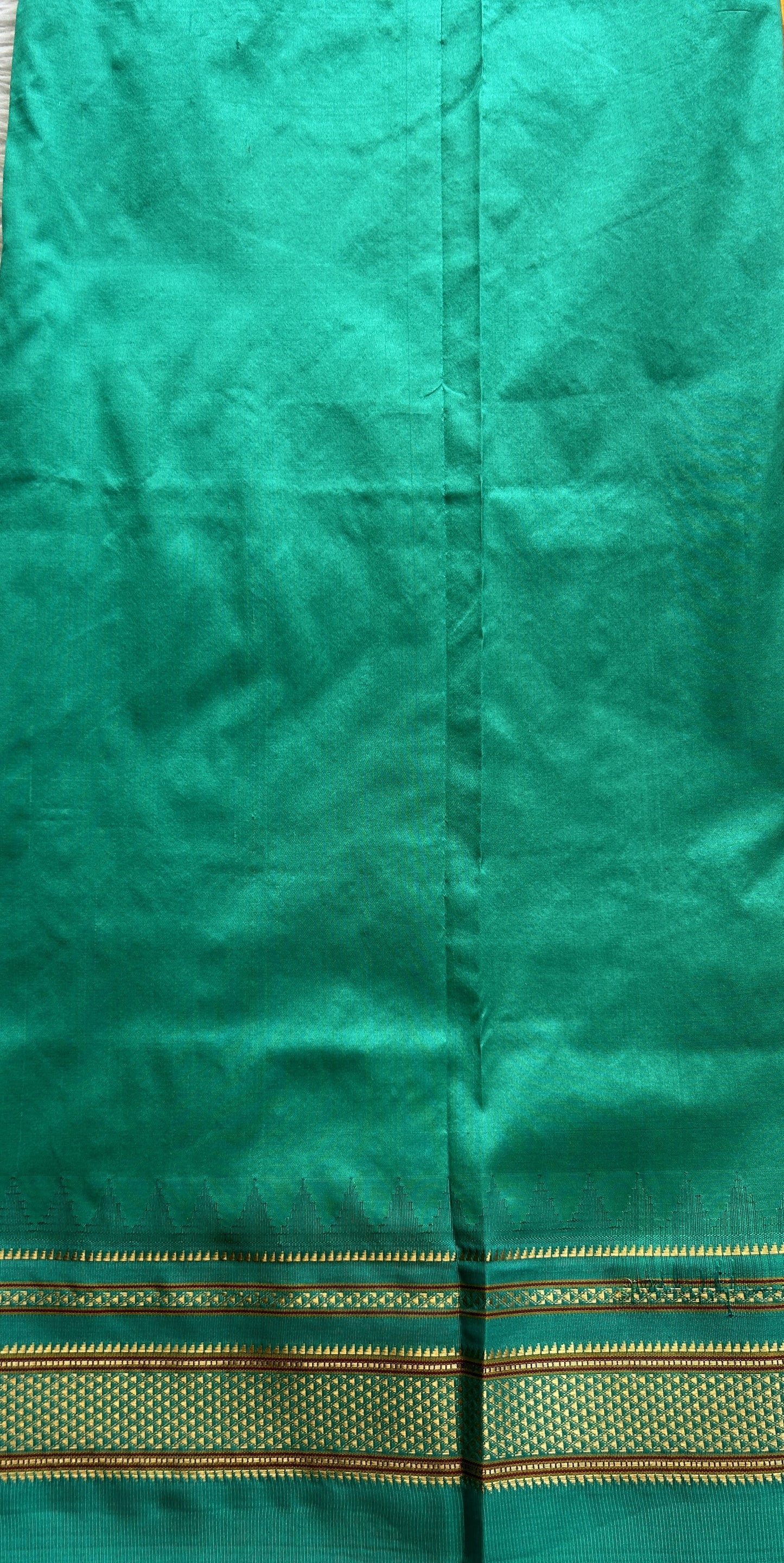 Narayanpet Silk Saree Orange Colored Complemented with a Rama Green Zari Border. - Sampradaya Designer Studio