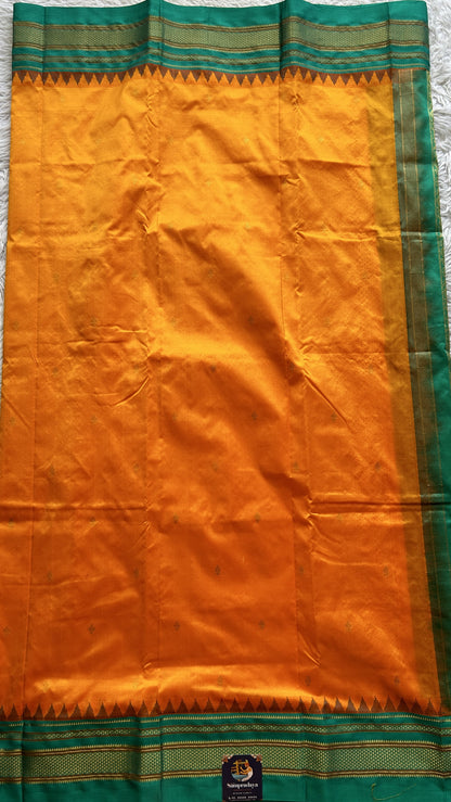 Narayanpet Silk Saree Orange Colored Complemented with a Rama Green Zari Border. - Sampradaya Designer Studio