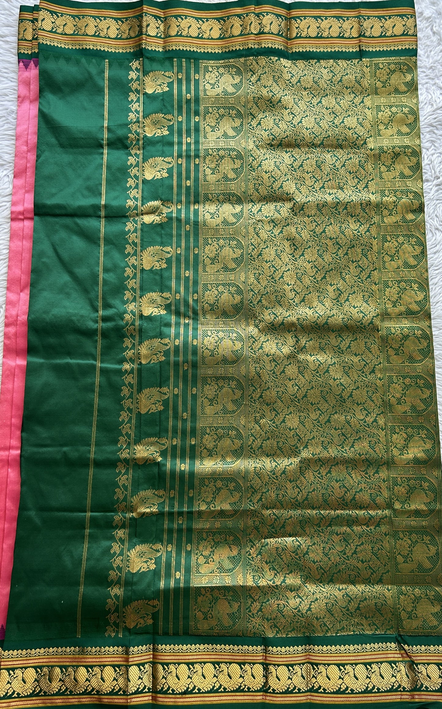 Narayanpet Silk Saree Dark Pink Colored Complemented with a Green Zari Border. - Sampradaya Designer Studio