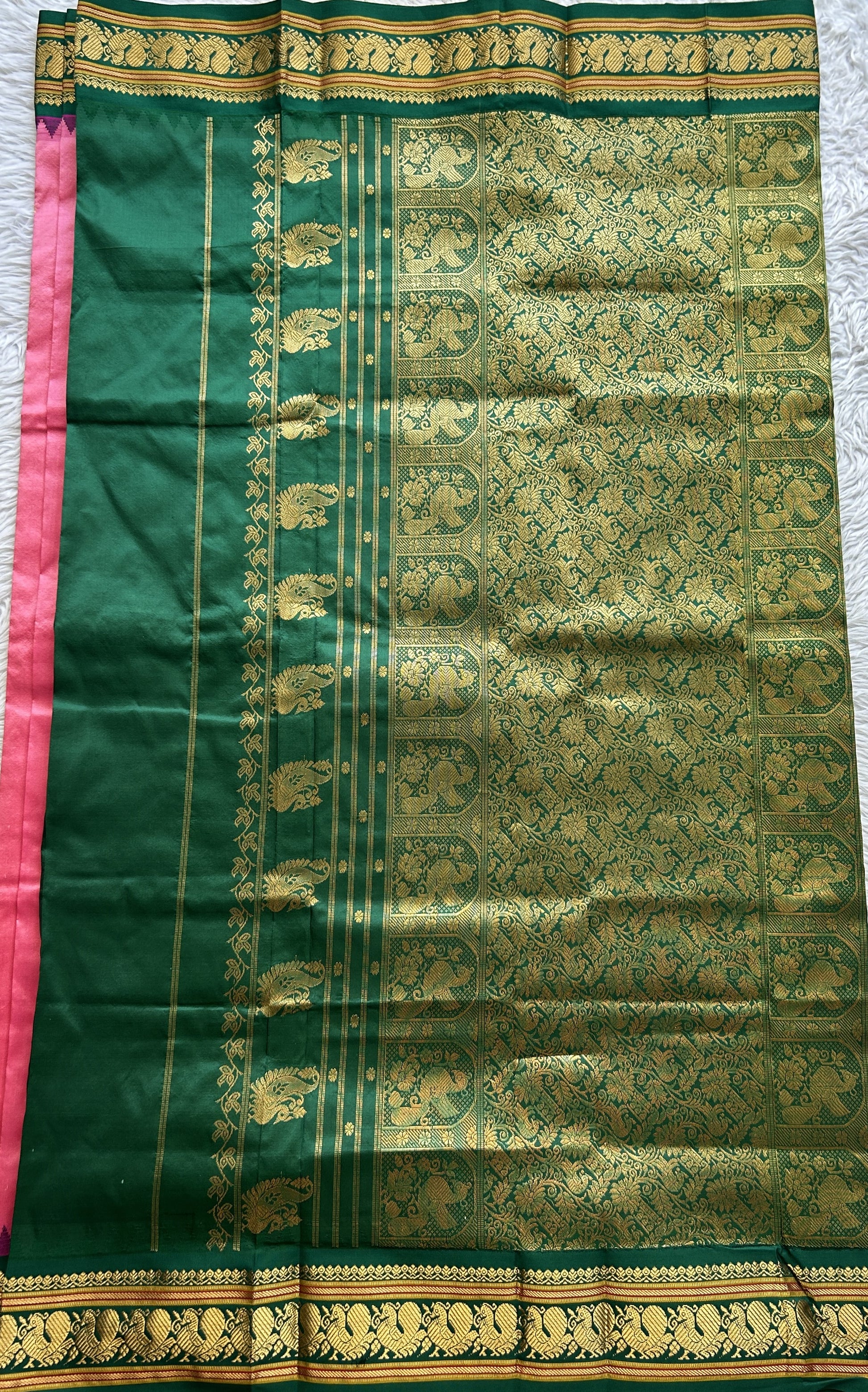 Narayanpet Silk Saree Dark Pink Colored Complemented with a Green Zari Border. - Sampradaya Designer Studio