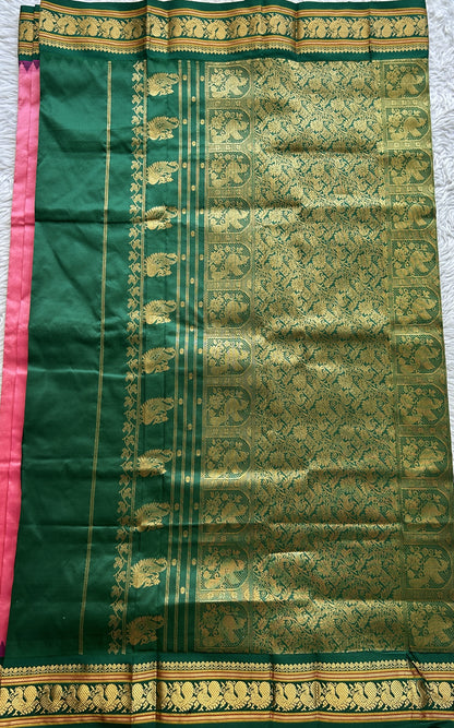 Narayanpet Silk Saree Dark Pink Colored Complemented with a Green Zari Border. - Sampradaya Designer Studio