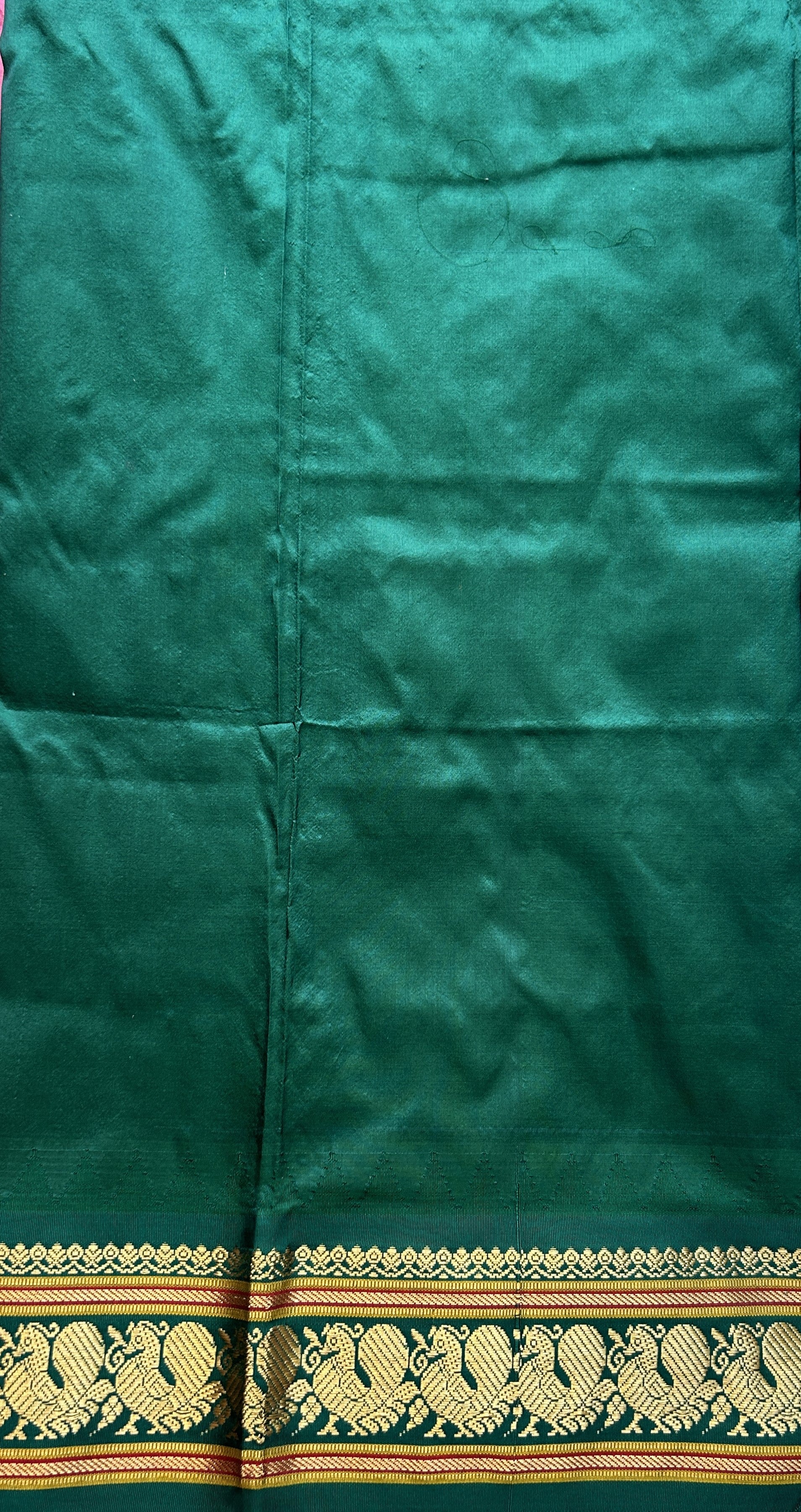 Narayanpet Silk Saree Dark Pink Colored Complemented with a Green Zari Border. - Sampradaya Designer Studio