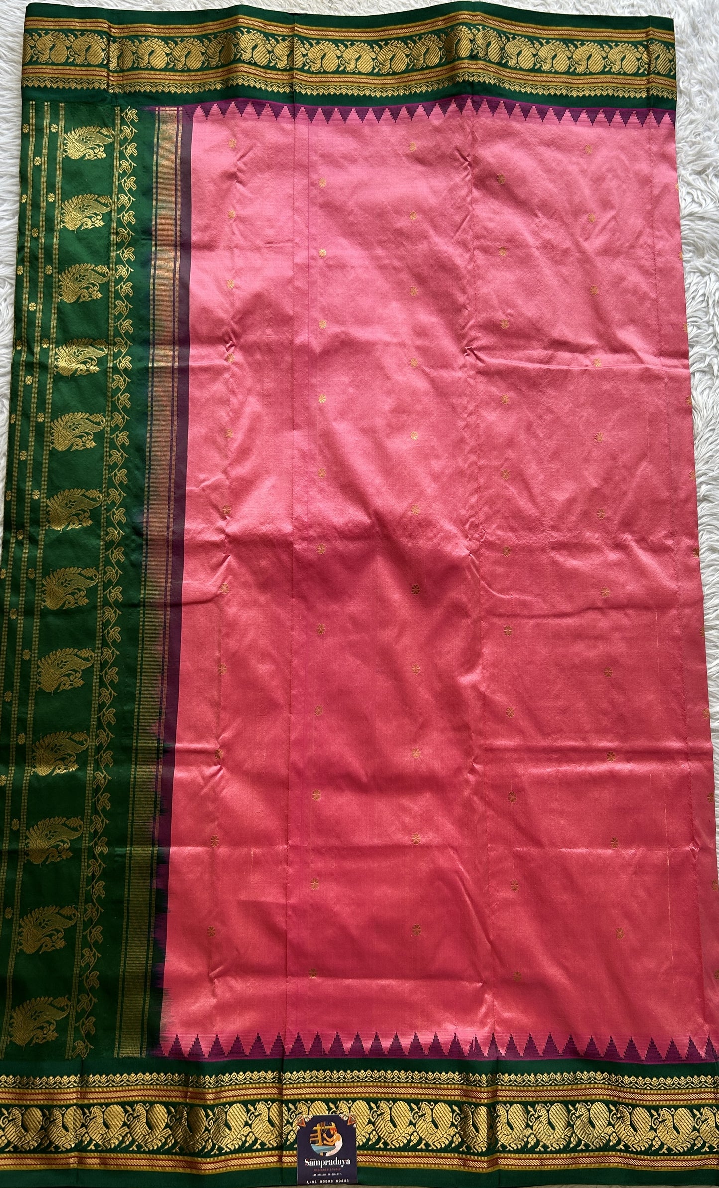 Narayanpet Silk Saree Dark Pink Colored Complemented with a Green Zari Border. - Sampradaya Designer Studio