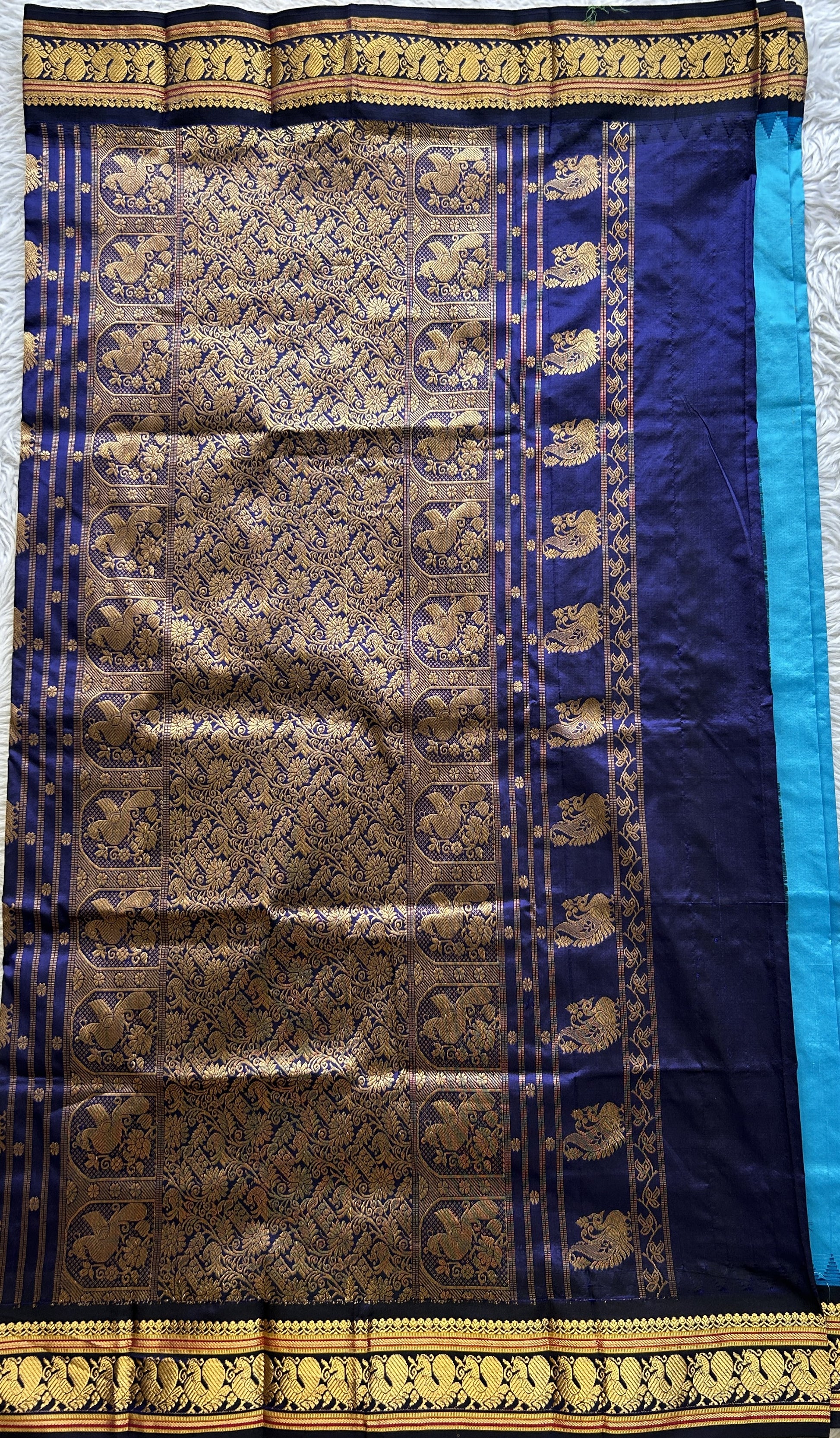 Narayanpet Silk Saree Sky Blue Colored Complemented with a Navy Blue Zari Border. - Sampradaya Designer Studio