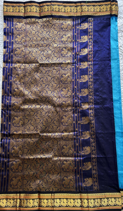 Narayanpet Silk Saree Sky Blue Colored Complemented with a Navy Blue Zari Border. - Sampradaya Designer Studio