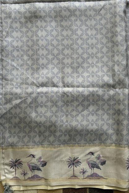 Semi Tussar Silk Saree -  Gray with Gold Zari Border - Elegant Fancy Saree for Party & Office Wear.