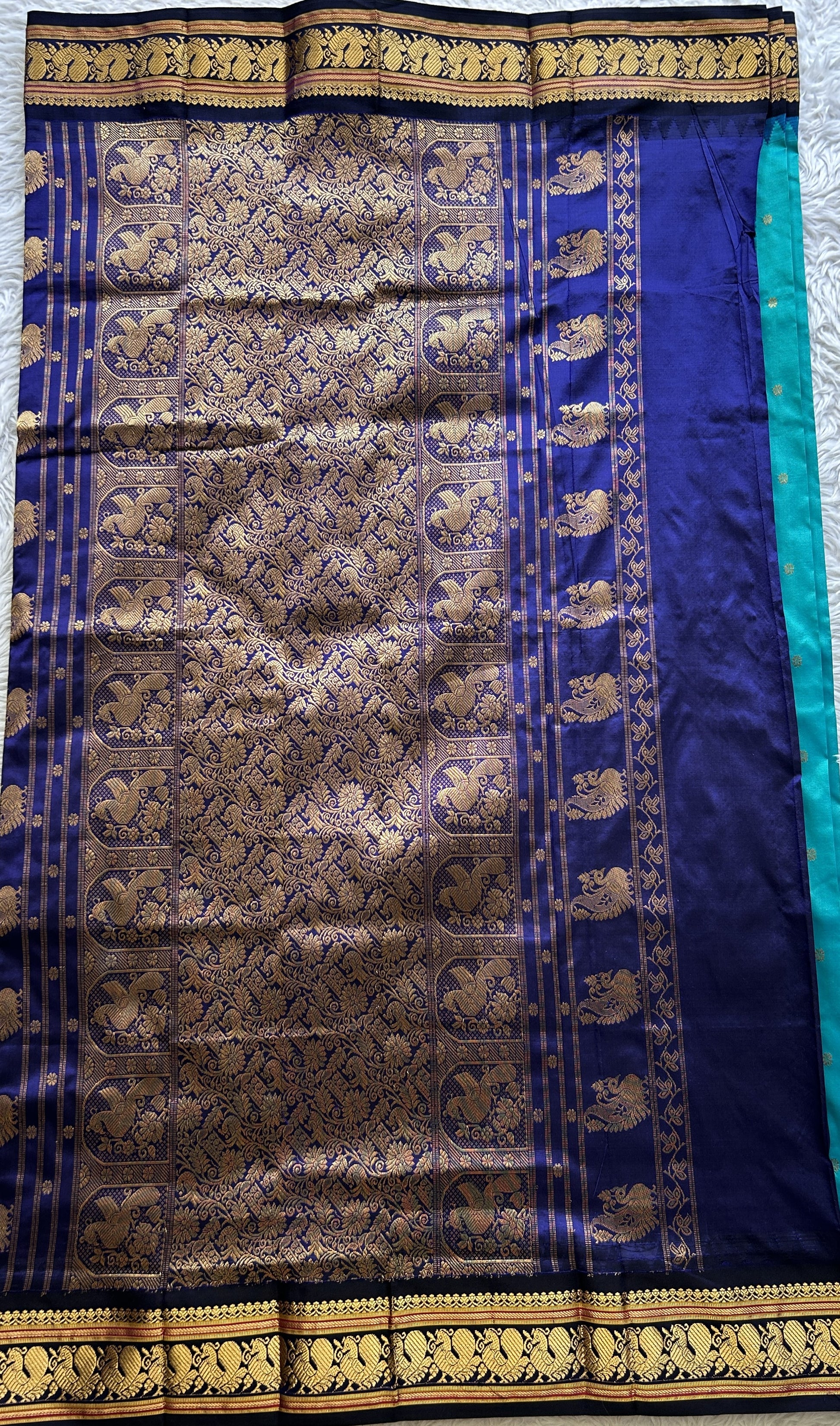 Narayanpet Silk Saree Rama Green Colored Complemented with a Navy Blue Zari Border. - Sampradaya Designer Studio