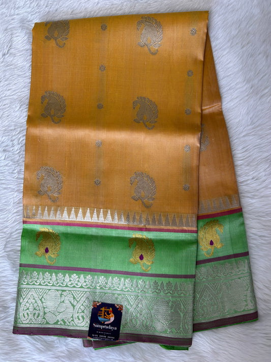 Venkatagiri Pattu Saree Sandel Wood Colored Complemented With a Pattu Parrot Green Color Border - Sampradaya Designer Studio