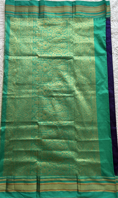 Narayanpet Silk Saree Violet Colored Complemented with a Rama Green Zari Border. - Sampradaya Designer Studio